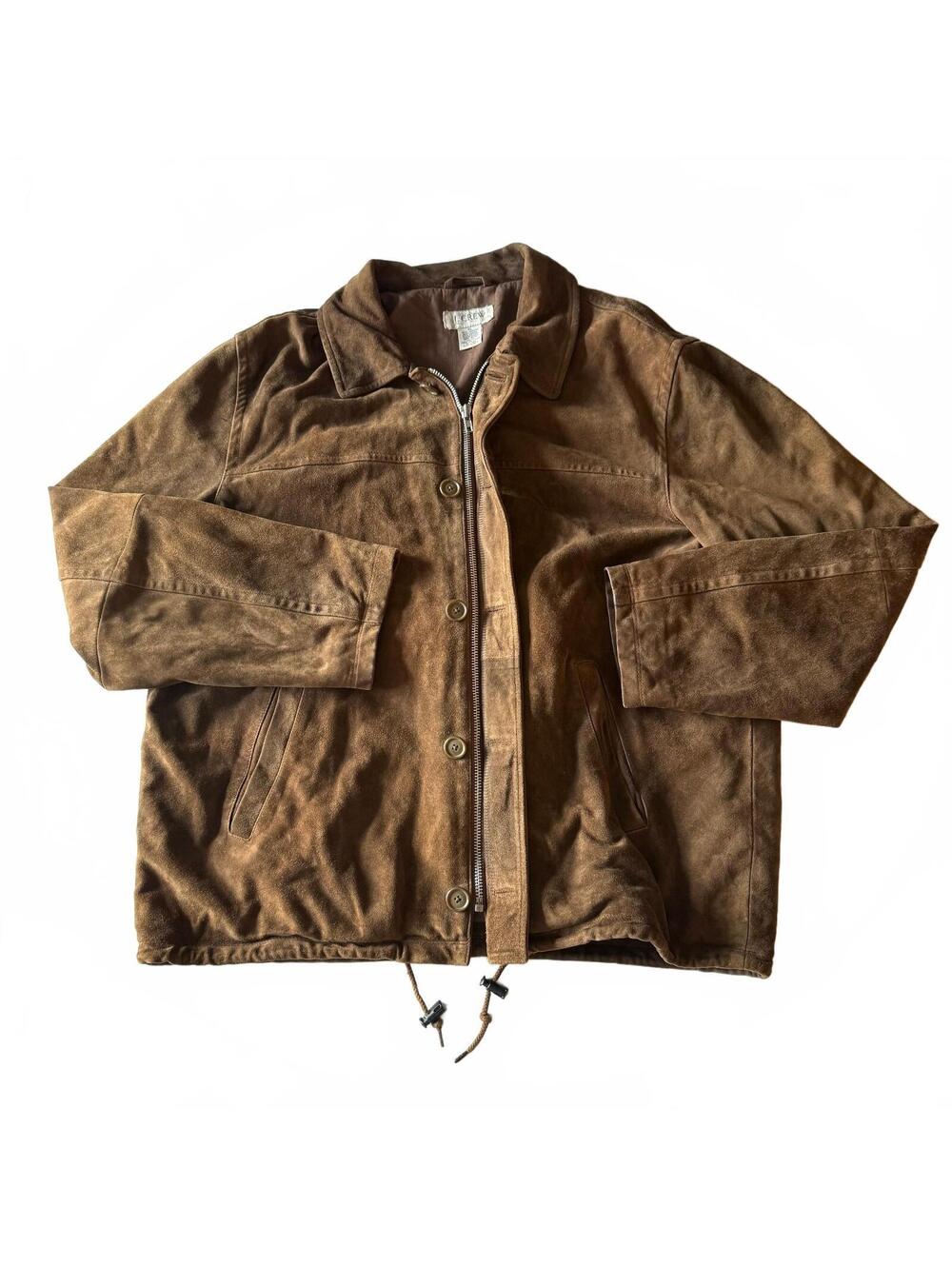 Vintage 1990's J. Crew Men's Suede Leather Jacket Zip Button Drawstring Sz XL